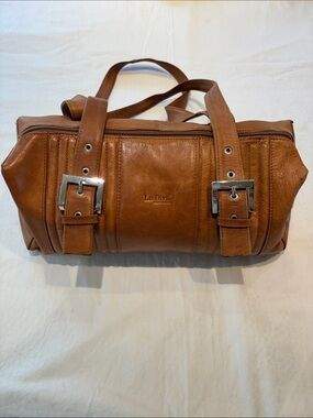 La Diva Tan Leather Crossbody Barrel Bag with Buckle Detail